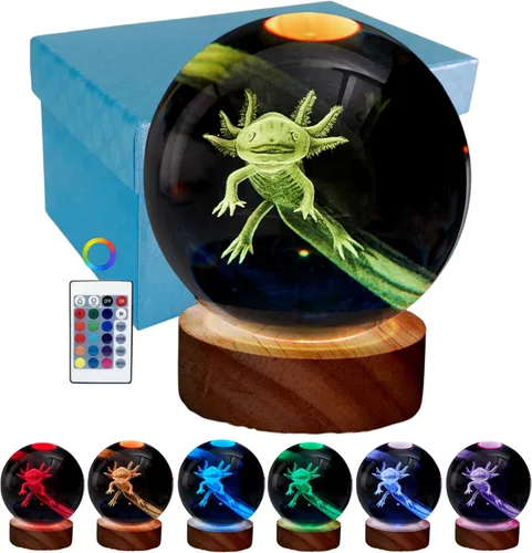 Vista 16 de Lámpara de bola de cristal 3D de Axolotl, lámpara de noche de bola de cristal mejorada de 3.15 pulgadas con 16 colores LED, base de madera, control