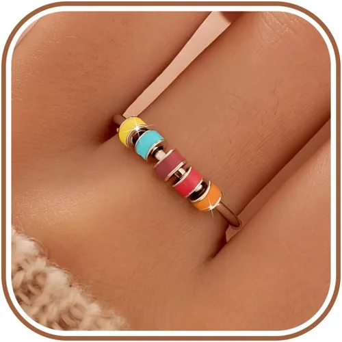 Vista 7 de LOVECOM Anillo giratorio de plata de ley 925 con cuentas esmaltadas coloridas para mujer, anillo giratorio antiansiedad, giratorio, apilable Estilo 1