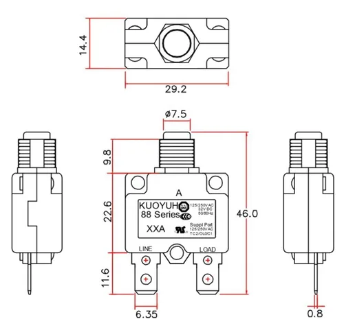 Vista 4 de KUOYUH Serie 88 125/250VAC 32VDC 50/60Hz Disyuntor de Sobrecarga Térmica 3-30A (3A)