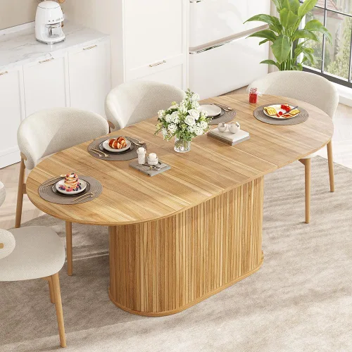 Vista 18 de WILLIAMSPACE Mesa de comedor de madera, mesa de cocina redonda extensible, mesa de comedor retro para 4 a 6, mesa de comedor rústica para comedor