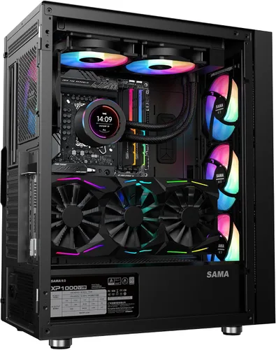 Vista 8 de SAMA 3509 ATX Mid Tower PC Case - Malla frontal de acero, panel lateral de vidrio templado con bisagras, 4 ventiladores ARGB preinstalados, USB 3.0
