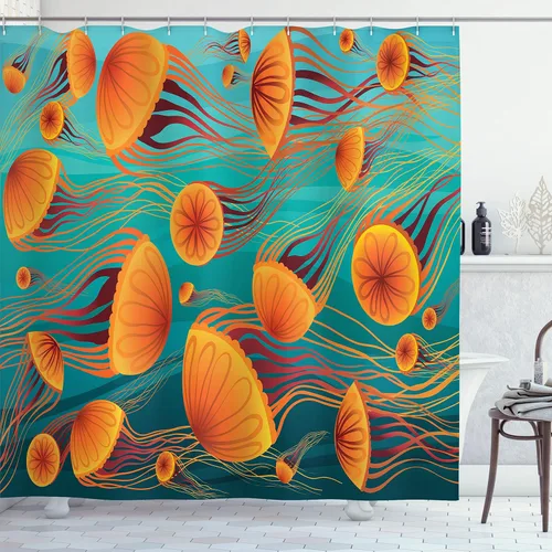 Vista 51 de Ambesonne Cortina de ducha con diseño de ciervo, silueta de animales del bosque brumoso en la naturaleza, diseño de dibujos animados, decoración