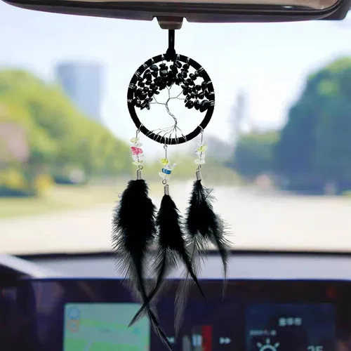 Vista 4 de Atrapasueños negro para espejo retrovisor de coche, accesorios de espejo retrovisor hecho a mano, pequeño atrapasueños decoración colgante regalos