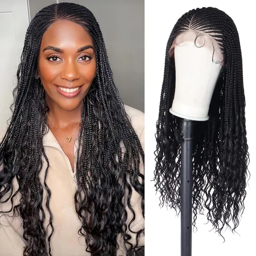 Vista 9 de Alebery Pelucas Trenzadas de Caja Bohemias Sin Nudos de Encaje Frontal HD 13X8 para Mujeres Negras Pelucas de Trenzas de Caja Bohemias con Rizos