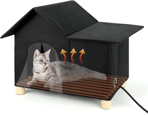 Vista 11 de Casa Grande con Calefacción para Gatos de Exterior, Casa Elevada para Gatos al Aire Libre Resistente a la Intemperie con Almohadilla Térmica