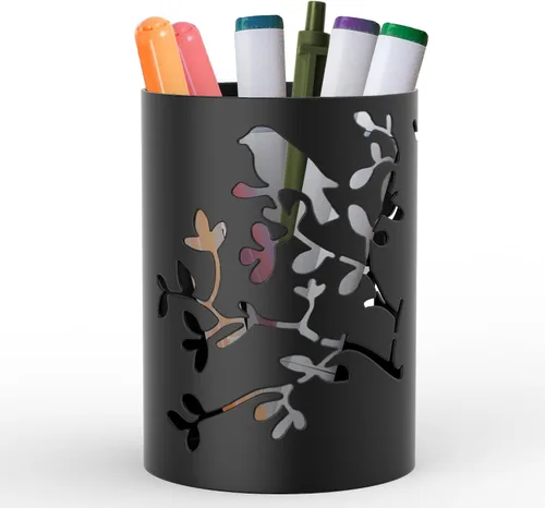 Vista 9 de Mango Steam Soporte de metal para bolígrafo, organizador de vasos para brochas de maquillaje para oficina, baño, tocador (negro, pavo real)