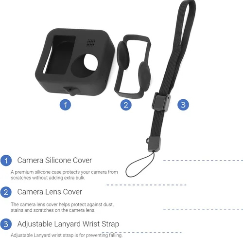 Vista 4 de Cuerpo de cámara de silicona y cubierta de lente, funda de silicona suave, cordón ajustable, para Max, negro