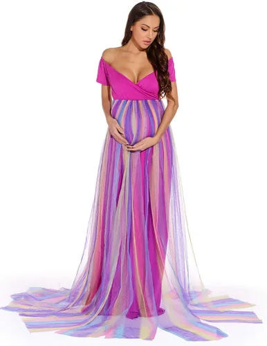 Vista 2 de ZIUMUDY Vestido de maternidad con hombros descubiertos para sesión de fotos, vestido de baby shower, vestido de maternidad de tul de manga corta