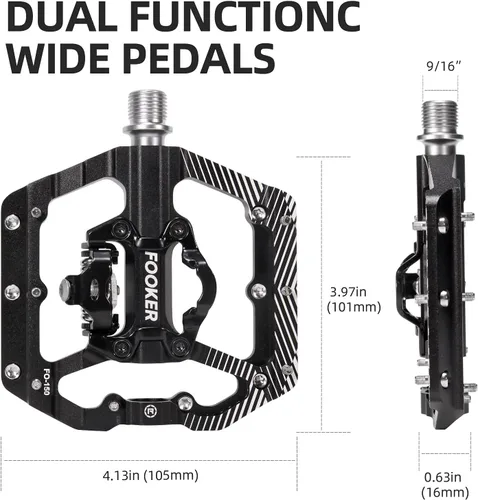 Vista 2 de FOOKER Pedales de bicicleta de montaña MTB, plataforma plana de 3 rodamientos, compatible con doble función sellada de aluminio sin clipless pedales