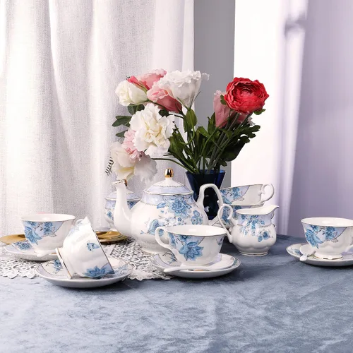 Vista 5 de fanquare Juego de té de porcelana con flores azules, juego de taza de té y platillo para 6, juego de té de boda con jarra de crema, juego de café