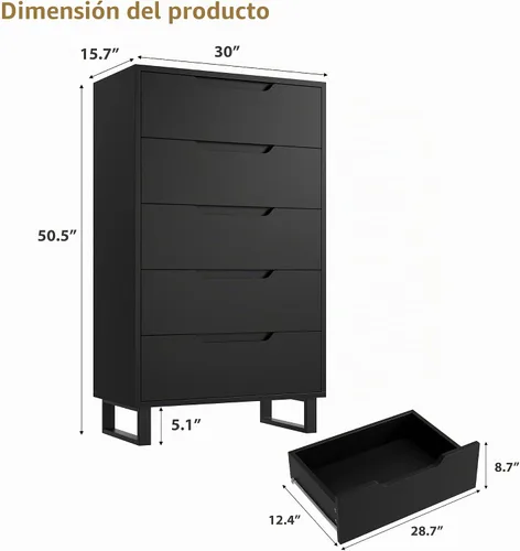 Vista 2 de Garvee 5 cómodas para dormitorio, cajón vertical de 50.5 pulgadas con almacenamiento