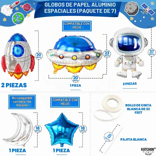 Vista 2 de Katchon, Juego de decoraciones de cumpleaños de gran espacio, 37 pulgadas, paquete de 7, globos de cohete, globos de astronauta para decoraciones
