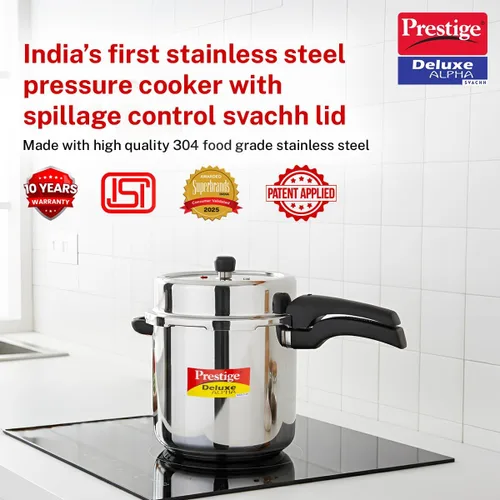 Vista 2 de Prestige Deluxe Alpha Svachh - Olla a presión de acero inoxidable con base Alpha y tapa profunda para control de derrames, (10 litros)