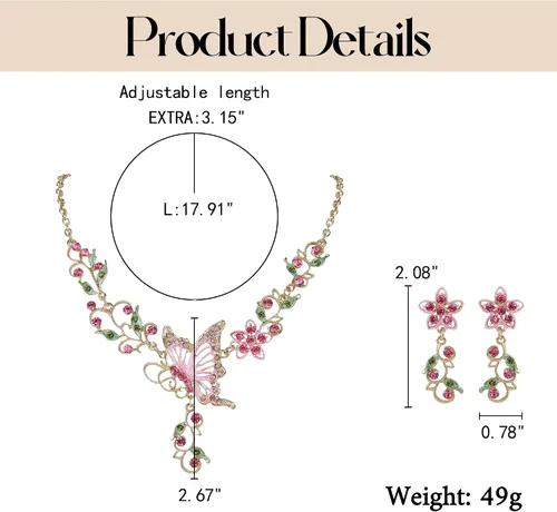 Vista 6 de EleQueen Conjunto de pendientes y collar de hojas de mariposa de cristal austriaco para mujer