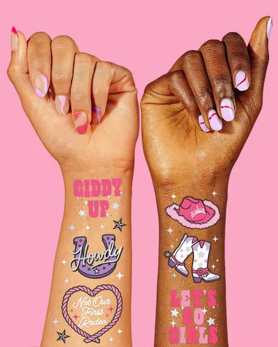 Vista 4 de xo, Fetti Tatuajes temporales para fiesta de cumpleaños de Rodeo, 46 estilos plateados, decoraciones de cumpleaños, accesorio de vaquera Giddy Up