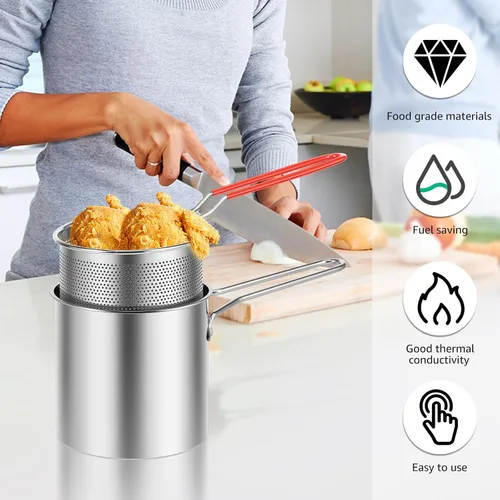 Vista 3 de Mini olla de acero inoxidable con asa y cesta coladora, mini freidoras de aceite para freidora, freidoras de grado alimenticio con tapa, olla