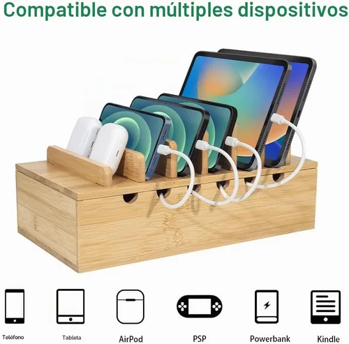 Vista 4 de Estación de carga de bambú para múltiples dispositivos, organizador de estaciones de acoplamiento de escritorio compatible con dispositivos iPhone