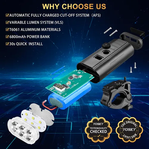 Vista 4 de Yosky Luces de bicicleta de 2000 lúmenes para conducción nocturna EVO 6800mAh 6 LED Faros y luces traseras de bicicleta recargable delantera