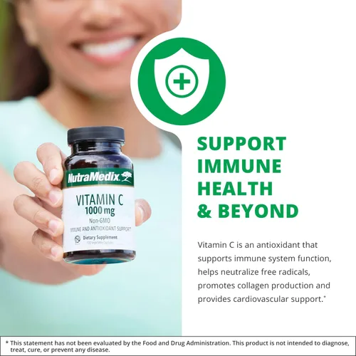 Vista 3 de NutraMedix Vitamina C 1000 mg – Suplemento antioxidante para apoyo inmunológico y salud cardíaca – Vitamina C de ácido ascórbico – Vegano, sin OMG