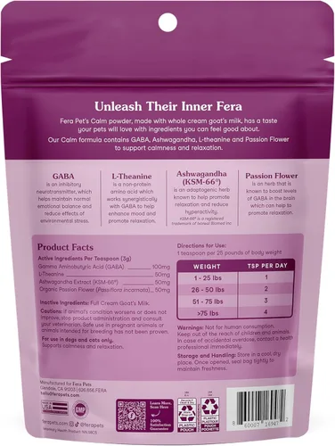 Vista 7 de Fera Pets Leche de Cabra - Suplemento Calmante para Perros y Gatos - Ashwagandha, L-Teanina y Flor de la Pasión - Apoya el Alivio de la Ansiedad