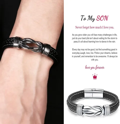 Vista 4 de Relleno de Regalo para Adolescentes Hijo/Nieto Regalo para Chicos Teens Pulsera de Cuero para Hombres, “Te Amo Para Siempre”Pulsera de Hombre