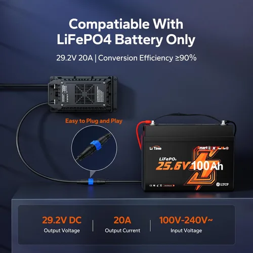 Vista 4 de LiTime Cargador de batería LiFePO4 de 24 V 20 A, IP67 impermeable de 24 V con activación de batería, cargador inteligente de 3 etapas para RV