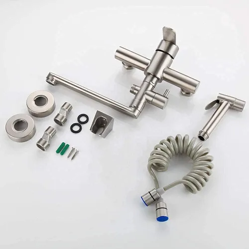 Vista 8 de Grifo de montaje en pared con pistola pulverizadora, fregadero de cocina, acero inoxidable cepillado, válvula de mezcla de agua caliente y fría