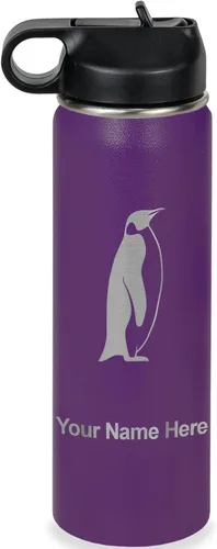 Vista 42 de LaserGram Botella de agua personalizada, pingüino, acero inoxidable de doble pared aislada al vacío con popote superior, regalo grabado