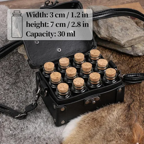 Vista 4 de HiiFeuer Caja medieval de alquimia de piel sintética con 12 viales de poción de corcho, bolsa cruzada portátil de fantasía, soporte para joyas