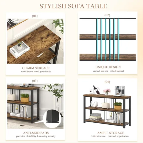Vista 6 de FOLUBAN Mesa de consola industrial, 3 niveles para entrada, sofá, vestíbulo, sala de estar, pasillo, detrás del sofá, color marrón rústico