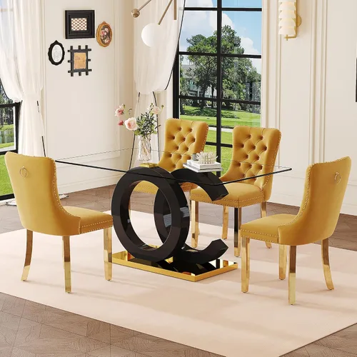 Vista 16 de Ebullient 63" Modern Glass Dining Table Set for 4, Black & Gold 5-Piece Set Glass Table & Beige Chairs