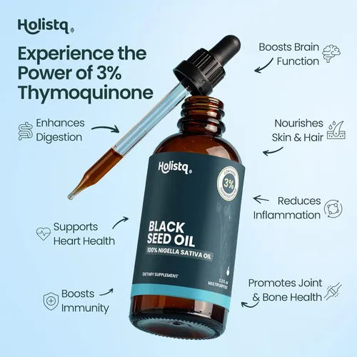 Vista 3 de Holistiq Aceite de Semilla Negra Orgánico Prensado en Frío en Gotas 3% Timoquinona Sin OMG y Vegano Aceite de Comino Negro Prensado en Frío