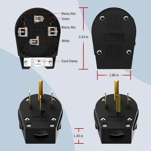 Vista 5 de ENERLITES Enchufe angular de hoja recta, enchufe de ángulo macho de repuesto para secadora de CA, NEMA 14-30/50P, 50 Amp, 125V/250V, 66351-BK, negro