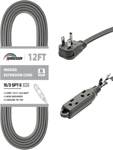 Vista 17 de Cable de extensión de enchufe plano de 3 tomas, certificado UL, cable de extensión para interiores de 16 calibre 1 pie negro de 3 puntas, tira