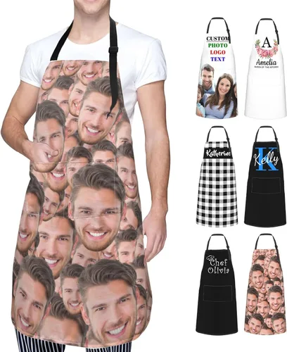 Vista 9 de Delantales de cocina personalizados para hombres y mujeres con bolsillos, personalizable, foto, logotipo, imagen, nombre, chef cocinero, delantal