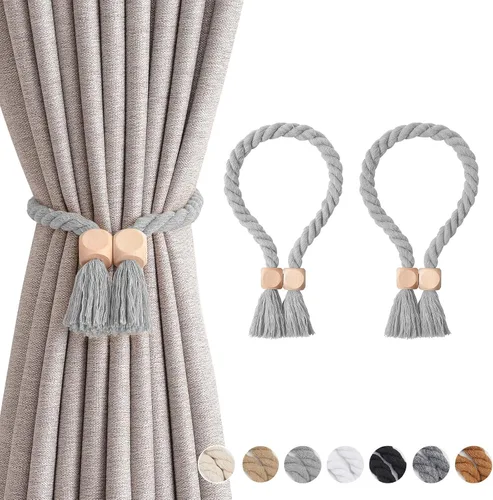 Vista 54 de NICEEC 2 Pack de Alzapaños Magnéticos de Madera en Forma de Cubo Boho para Decoración del Hogar, Alzapaños de Lino Tejidos a Mano para Cortinas Beige