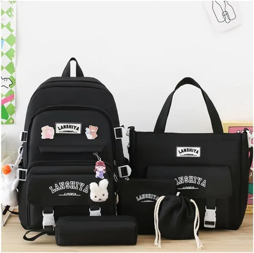 Vista 2 de Linda mochila con accesorios kawaii Juego de 5 bolsas impermeables estéticas (negro)