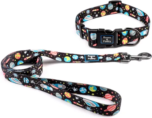 Vista 8 de Roses&Poetry - Juego de collar y correa reflectante para perros pequeños, arneses para cachorros con collares, collar y correa de nailon ajustable
