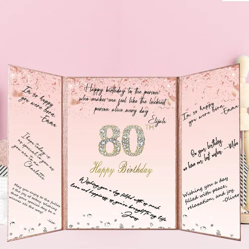 Vista 9 de Crenics Decoraciones de oro rosa para cumpleaños n.° 80, alternativa creativa de libro de inicio de sesión de invitada de 80 cumpleaños, libro