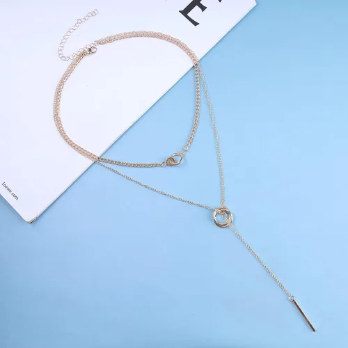 Vista 4 de Collar de cadena Lariat en capas de oro, collar de círculo entrelazado con cadena larga de barra de lariat, collar de doble anillo con colgante