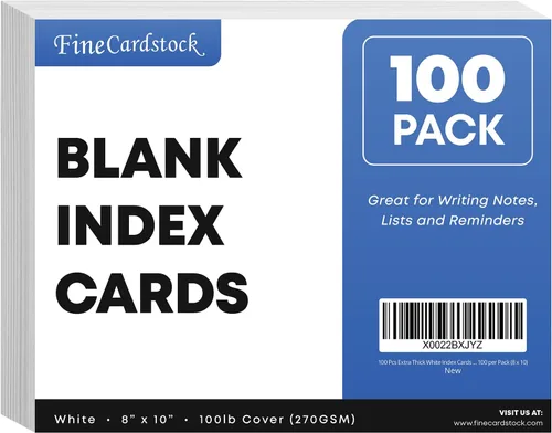 Vista 8 de 100 tarjetas de índice blancas extragruesas – Cartulina pesada en blanco de 14 puntos (0.014 pulgadas), cubierta de 100 libras, tarjetas flash