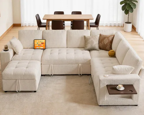 Vista 2 de Vipbear Sofá cama modular de 111 pulgadas, sofá cama modular de 7 asientos con cama extraíble, sofá en forma de L de felpilla con otomana de Beige