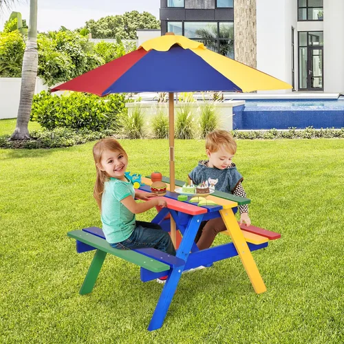 Vista 8 de Costzon Mesa de picnic para niños, mesa y sillas de madera de abeto para exteriores con paraguas extraíble, mesa de picnic para niños pequeños