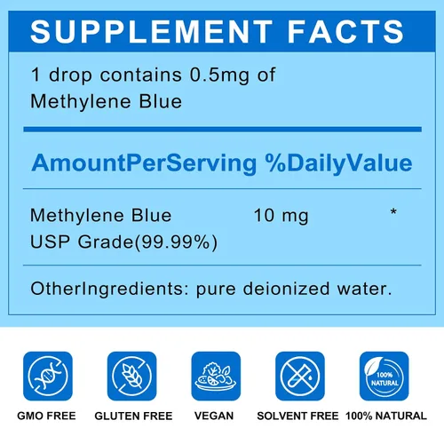 Vista 5 de 1% azul de metileno, 8.5 fl oz (8.4 oz), grado farmacéutico ultrapuro, 99.99% puro (USP), probado por terceros, sin formaldehído, soporta memoria
