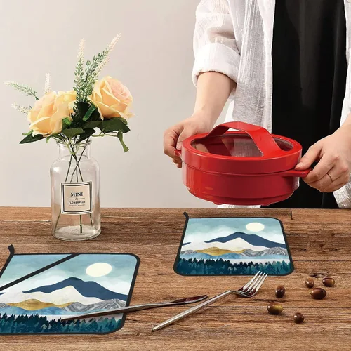 Vista 6 de Mountains Nature Scenery - Juego de 2 soportes para ollas de cocina resistentes al calor para microondas, horno, horno, platos finales y barbacoa