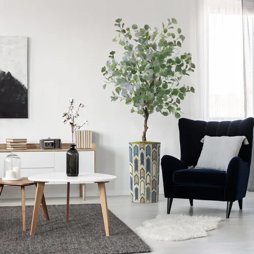 Vista 10 de Árbol artificial en macetero moderno con patrón poligonal, palmera tropical areca artificial de seda para decoración del hogar en interiores