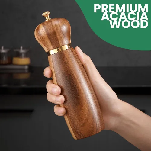 Vista 2 de Juego de molinillo de sal y pimienta de madera de acacia con base, molinillo de pimienta manual de 8 pulgadas con grosor ajustable, juego de 2