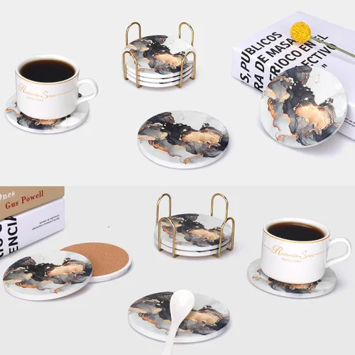 Vista 7 de Juego de 6 posavasos de cerámica abstractos de mármol negro con soporte para escritorio, salón, mesa de café, vino, bebidas, bar