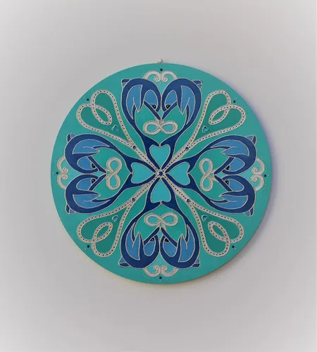 Vista 9 de Turquoise Teal Blue Dolfin Mandala Wall Hanging, Original Round Art Painting with Dolphins, Hand Painted Coastal Home Decor with Ocean Vibes