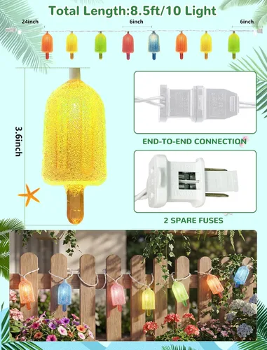 Vista 4 de Guirnalda de 10 luces LED con forma de paleta, helado multicolor con 10 mini bombillas LED, luces de hadas para interiores y exteriores
